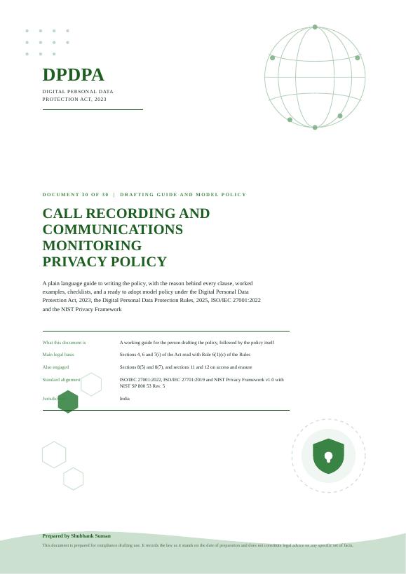 First page of Call Recording and Communications Monitoring Privacy Policy
