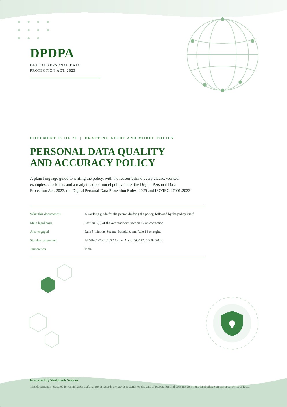 First page of Personal Data Quality and Accuracy Policy