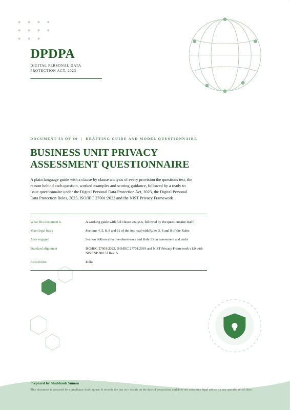 First page of Business Unit Privacy Assessment Questionnaire