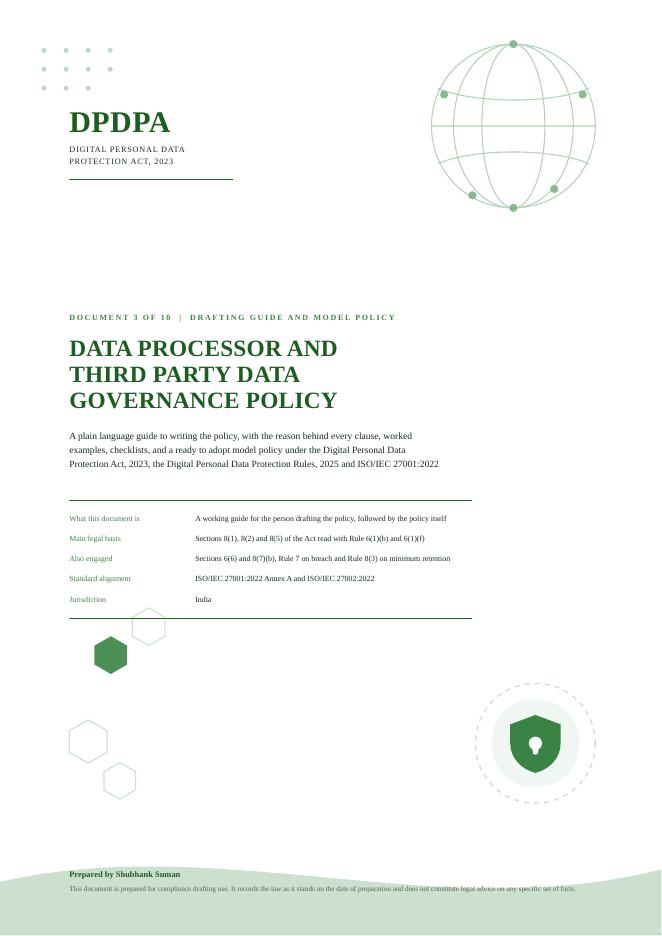 First page of Data Processor and Third Party Data Governance Policy