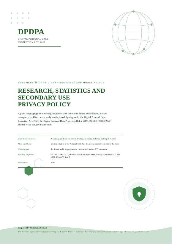 First page of Research, Statistics and Secondary Use Privacy Policy