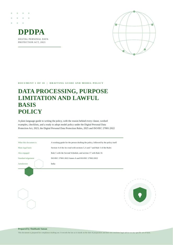 First page of Data Processing, Purpose Limitation and Lawful Basis Policy